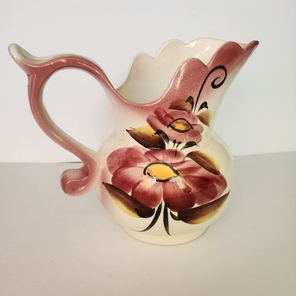 Vintage Hand Painted Ceramic Pitcher With Floral Design Italian - Picture 1 of 9